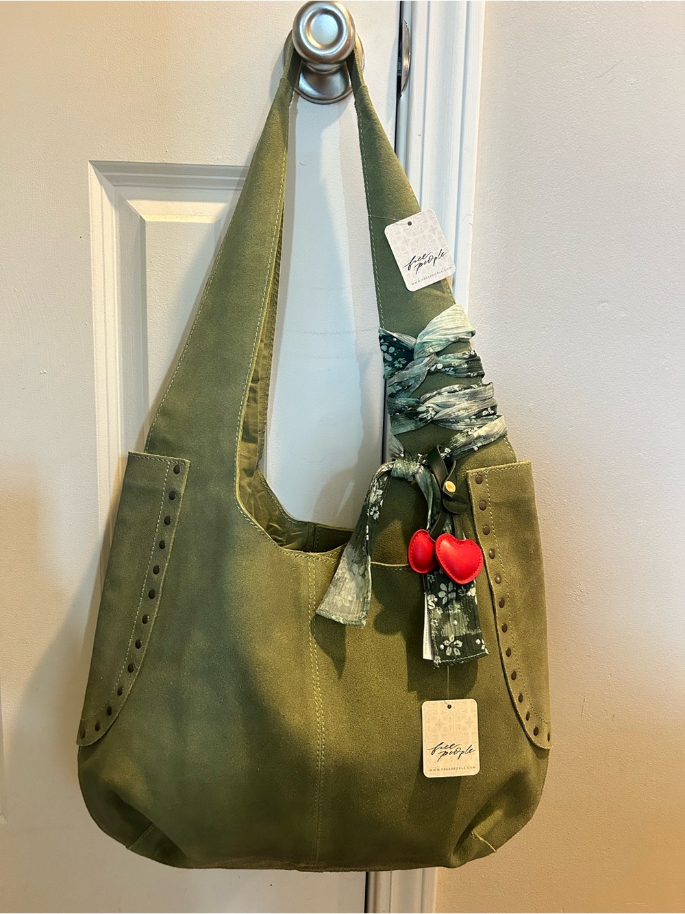 NWT Free People Matcha Rori Suede Tote  w/ FP Ultra Skinny Scarf & Cherry Charm - Picture 16 of 16
